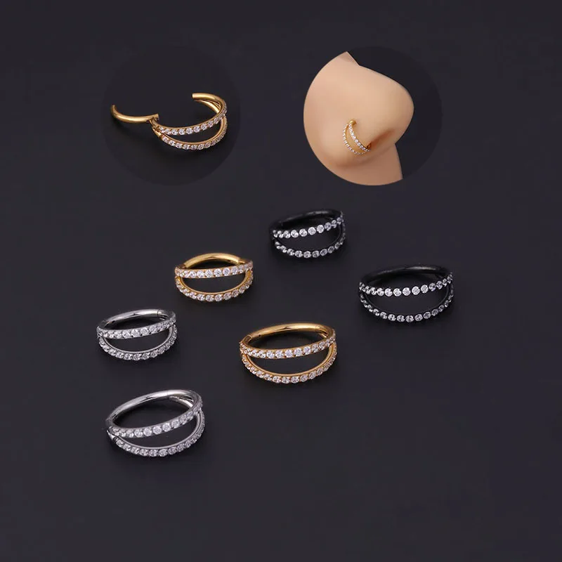 

New 16g Stainless Steel Nose Rings Hinged Segment Clicker 2 Rows Cz Hoop Septum Ring Nose Earring Body Piercing Jewelry