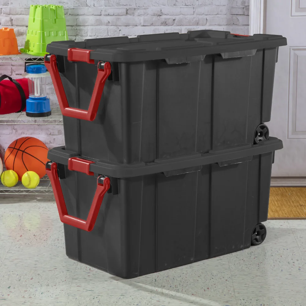 

40 Gallon Wheeled Industrial Tote Plastic, Black, Set of 2