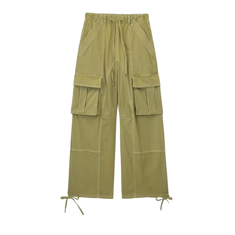 

Женские Модные зеленые брюки-карго в стиле пэчворк, весна 2023, женские прямые брюки с завышенной талией и карманами для девочек Y2K на шнуровке