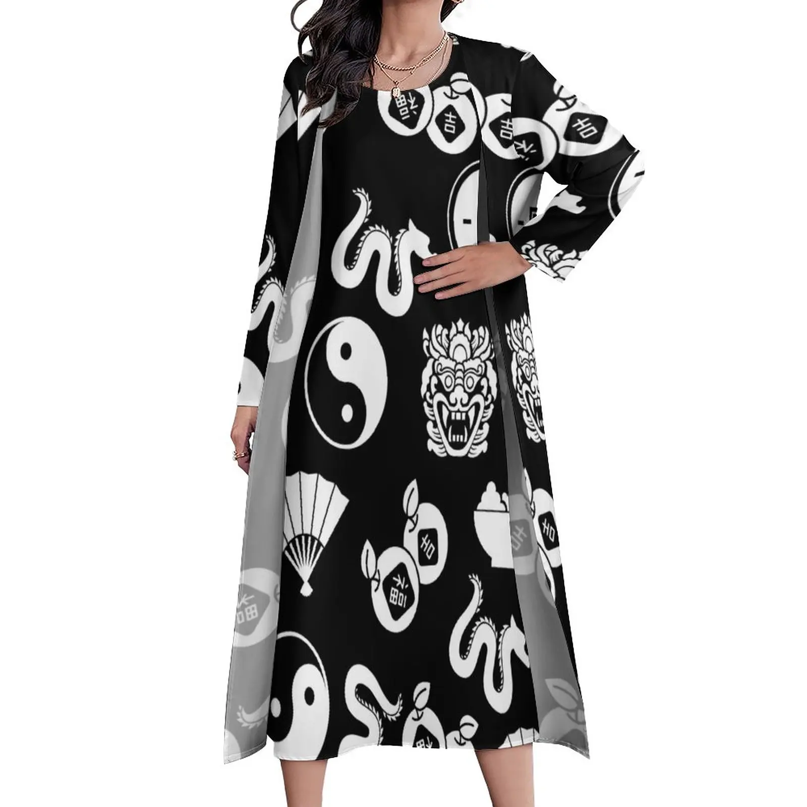 

Платье женское длинное с длинным рукавом и принтом дракона