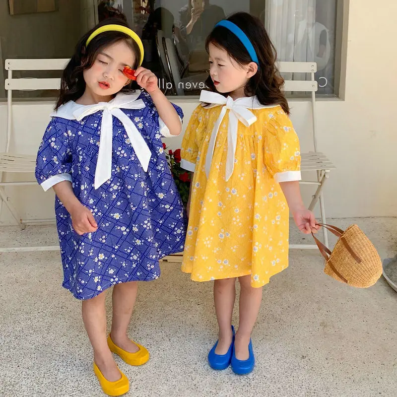 

Summer New Girls Flower Dress Short Sleeve Bow Princess Dress Lady Sweet Floral Print Costume Baby Kids Clothes Vestidos