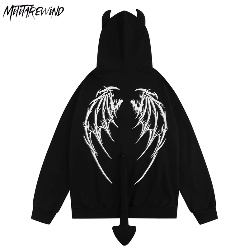 

Devil Horns Zip Up Hoodie High Street Skeleton Print Mens Hoodies Small Tail Jacket Gothic Punk Niche Design Sense Couple Coat