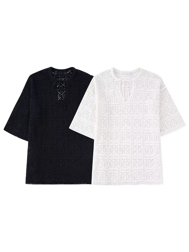 

Женский жаккардовый свитер, длинный сетчатый винтажный пуловер двух цветов, лето 2022