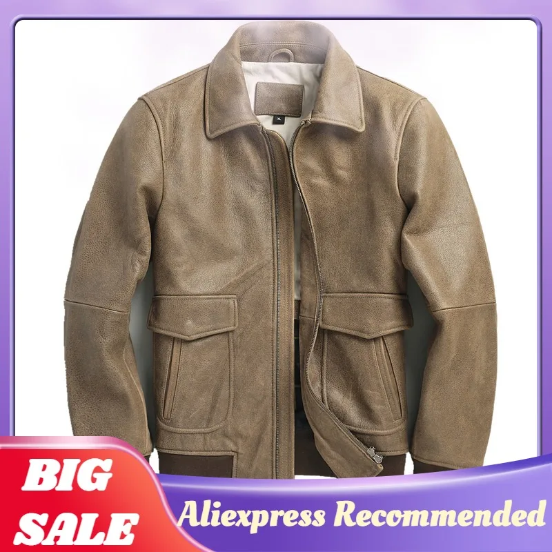 

2021 светильник, коричневый военный стиль, натуральная кожа пилота, куртка для мужчин размера плюс 3XL, Натуральная Воловья кожа, Осеннее прита...