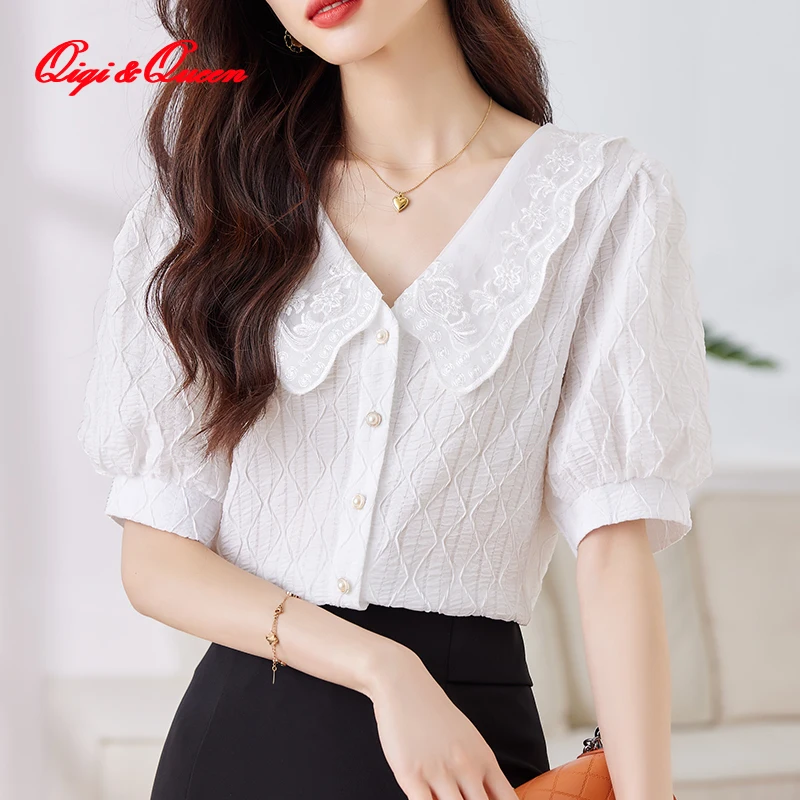 

Шифоновая рубашка Qiqi & queen с кукольным воротником, модная темпераментная рубашка со снижением возраста, универсальные Блузы с коротким рукавом, лето 2023