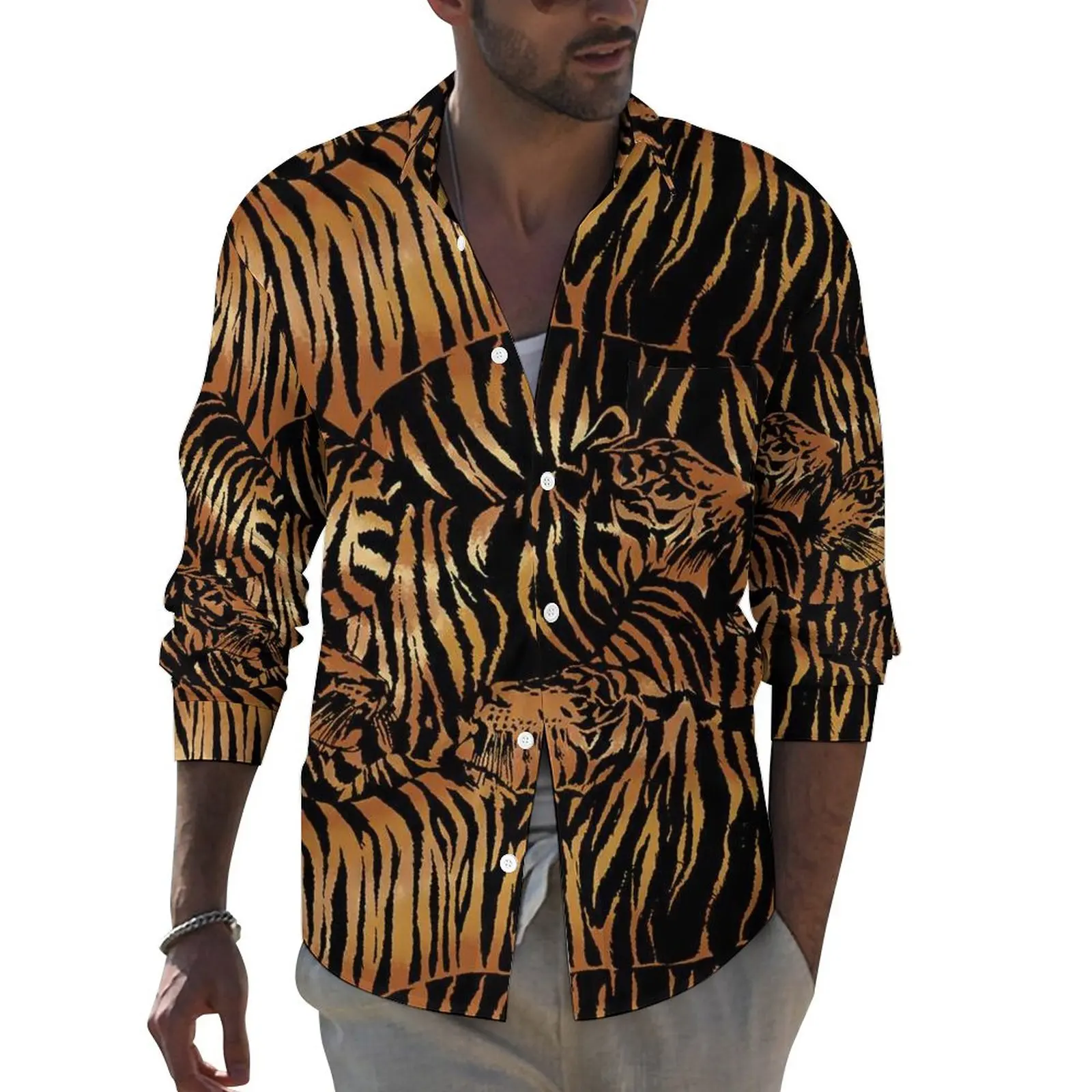 

Abstract Tiger Shirt Man Animal Stripes Print Casual Shirts Spring Funny Design Blouses Long Sleeve Vintage Oversized Top Gift