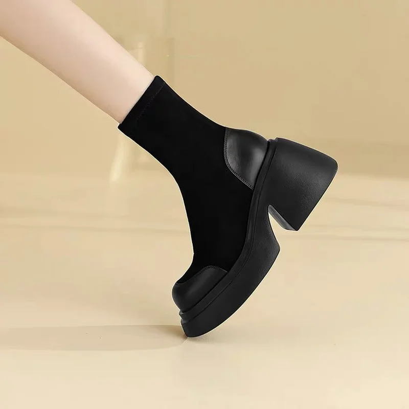 Autumn Spring Women Shoes Woman Platform Boots Fashion Round Toe Ankle Boots 2023 Winter Elastic Black Spuare Comfortable Botas