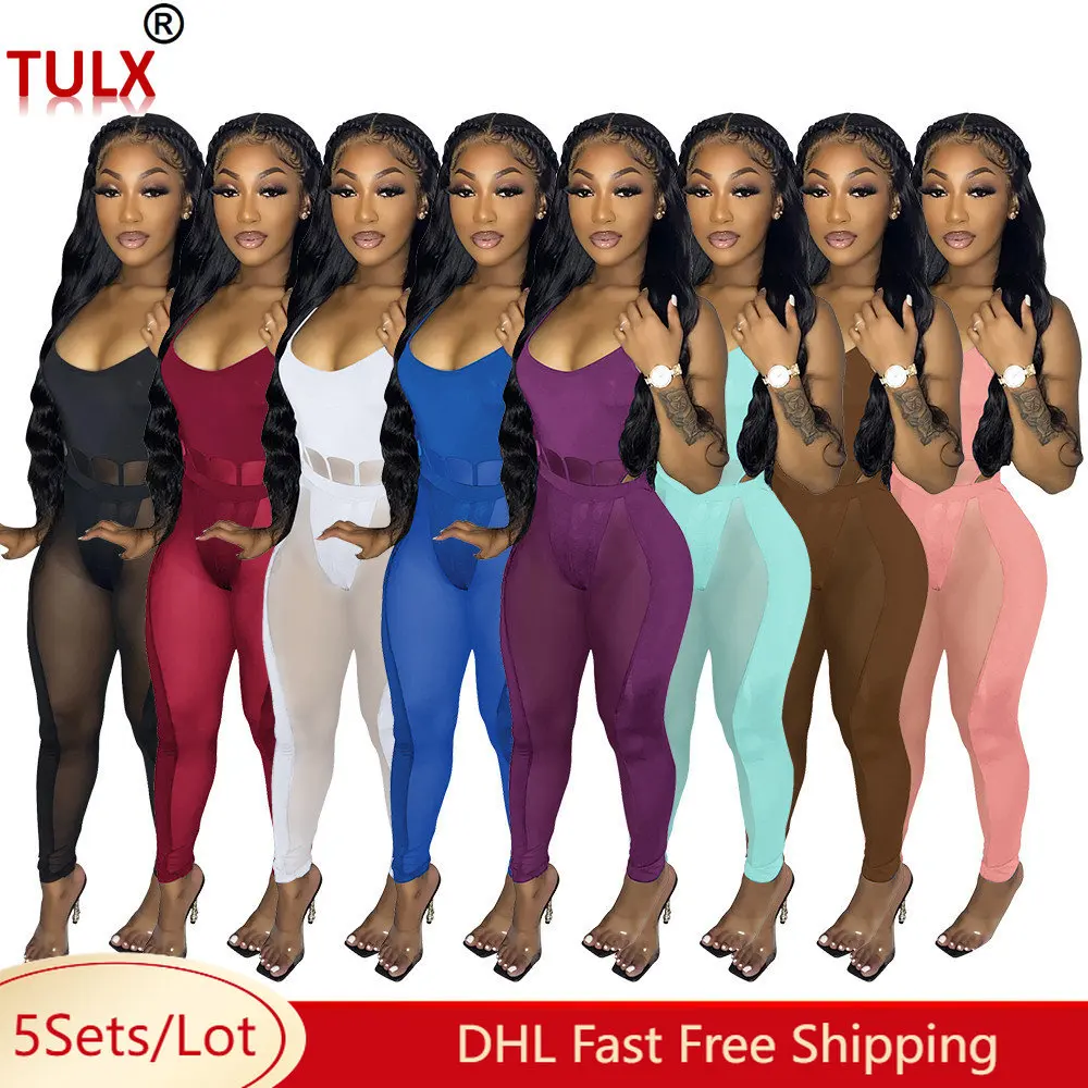 

5 Bulk Sexy Mesh Patchwork Two Piece Sets Women Clothes Spaghetti Straps Bodysuits And Pants 2pcs Club Wear Matching Sets 9187