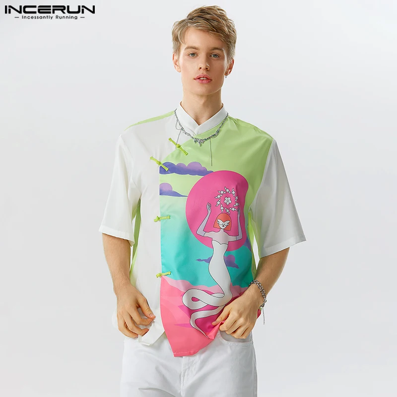 

INCERUN Men Shirt Printing Patchwork Stand Collar Short Sleeve Chinese Style Men Clothing Streetwear 2023 Vintage Summer Camisas