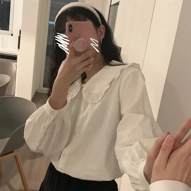 

2022 Shirt Women Kawaii Peter Pan Collar Blouses Button Up Long Sleeve Cute Ruffle Tops Lolita Style Mori Girl Aesthetic X52