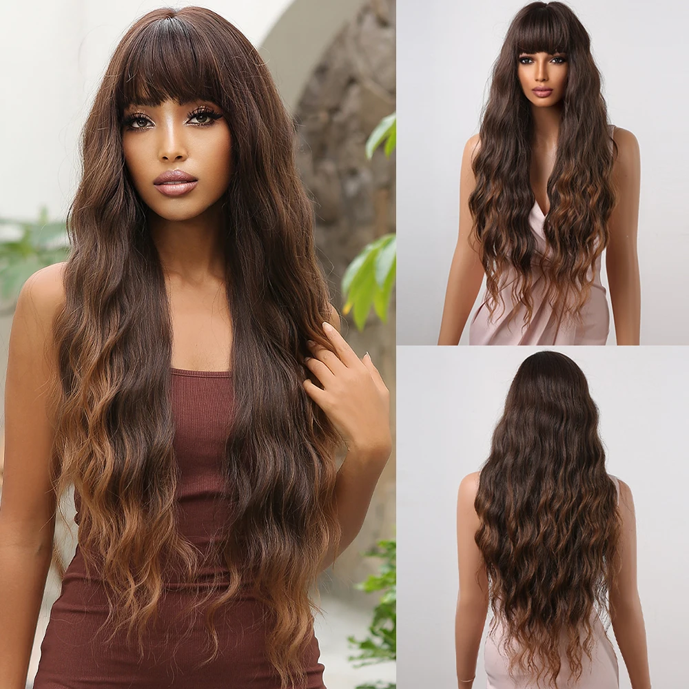 

Long Curly Synthetic Wigs Ombre Dark Brown Wig for Black Women Water Wave Daily Heat Resistant Wigs Afro Cosplay Hair with Bang