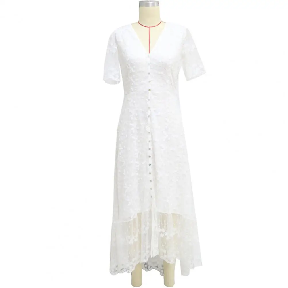

Popular Beach Dress Mid-rise Breathable Long Dress Floral Print Embroidery Lace Women Dress
