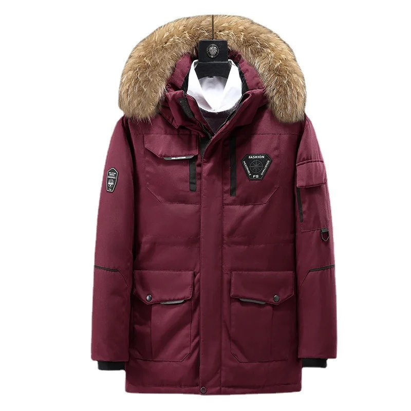 New winter tooling explosion cotton coat couple trend in long thickened white duck down warm fur collar down jacket men