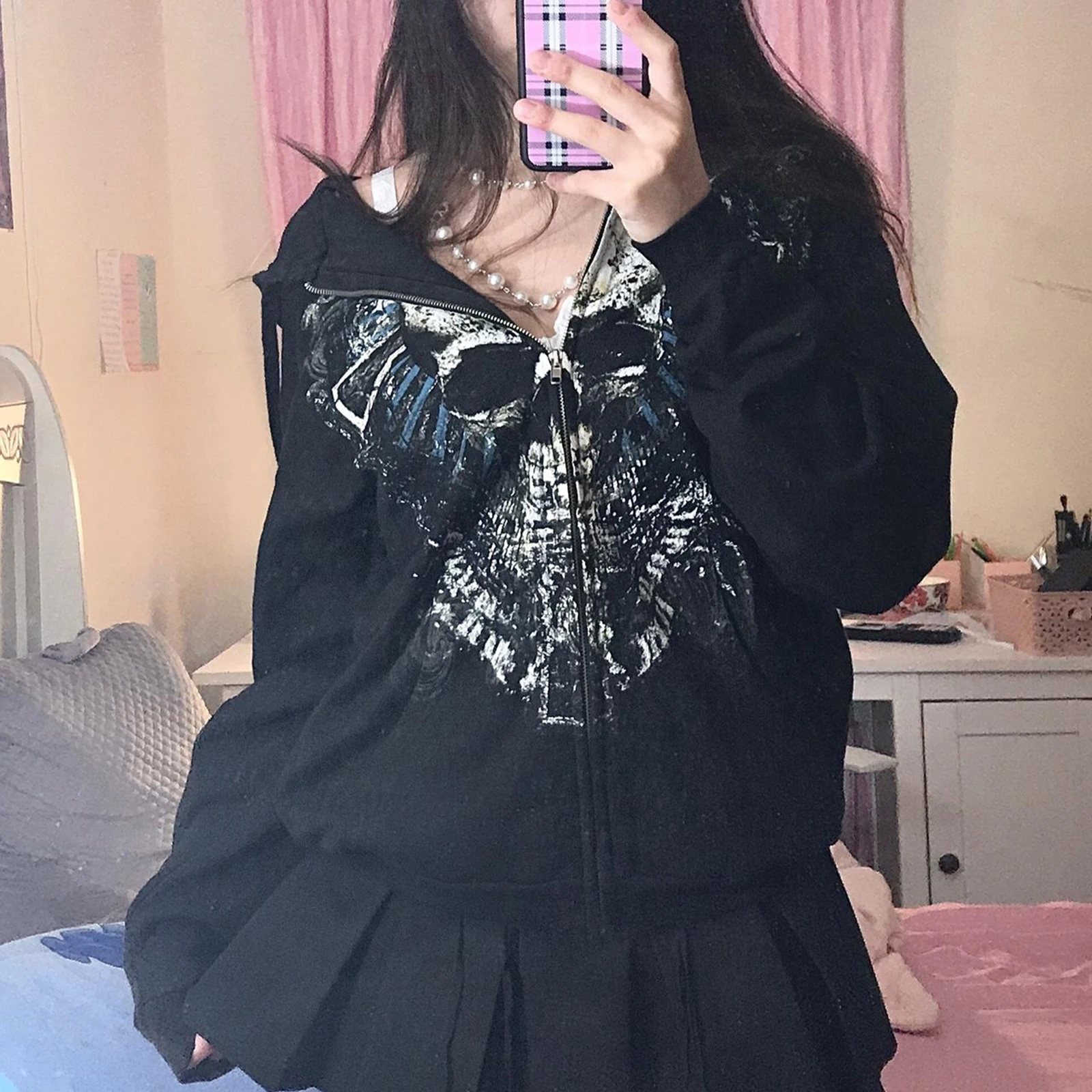 

Vintage Gothic Grunge Skull Print Zip Up Hoodies Dark Academia Harajuku Sweatshirts Autunm Aesthetic Coat Tops Y2k