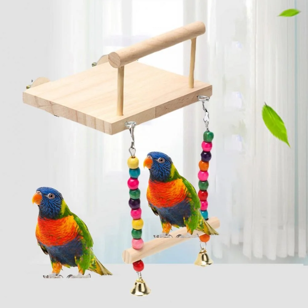 

1 pcs Pet Bird Perching Natural Wooden Play Stand Platform with Hanging Swing, Cage Ornamental Colorful Wooden Beads Chewing Toy