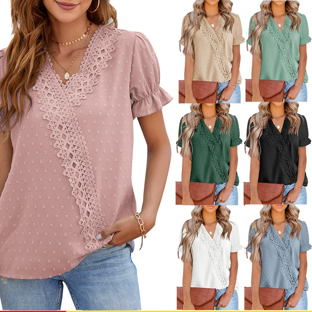 

2022 Fashion Lace V Neck Womens Tops And Blouses Casual Tees Shirts Summer Short Sleeve Loose Chiffon Blouse Femme Shirt Women