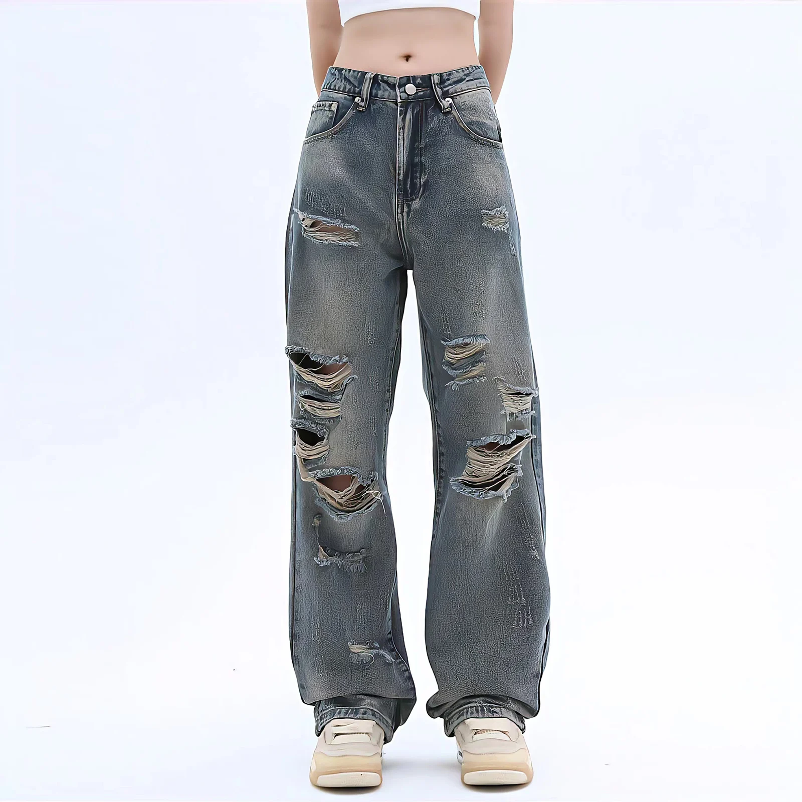 Ladies Ripped Jeans  Loose Wide Leg Pants Y2k New Washed Straight Pants Korean Retro Street Style Denim Trousers Womens Jeans