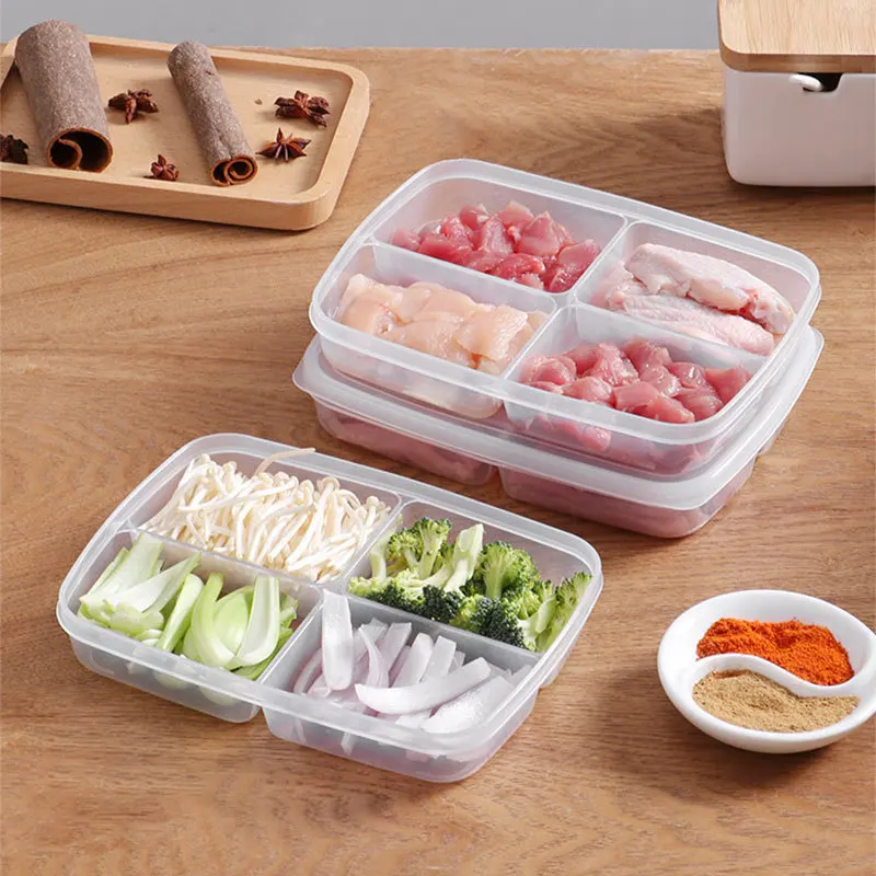 

4 Grids Food Fruit Storage Box Portable Compartment Refrigerator Freezer Organizers Sub-Packed Meat Onion Ginger Clear Crisper