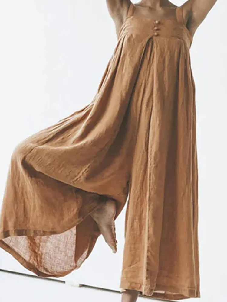 

Комбинезон женский с открытыми плечами, однотонный хлопково-льняной Ромпер свободного покроя, повседневные Прямые брюки в стиле пэчворк, уличная одежда, на лето