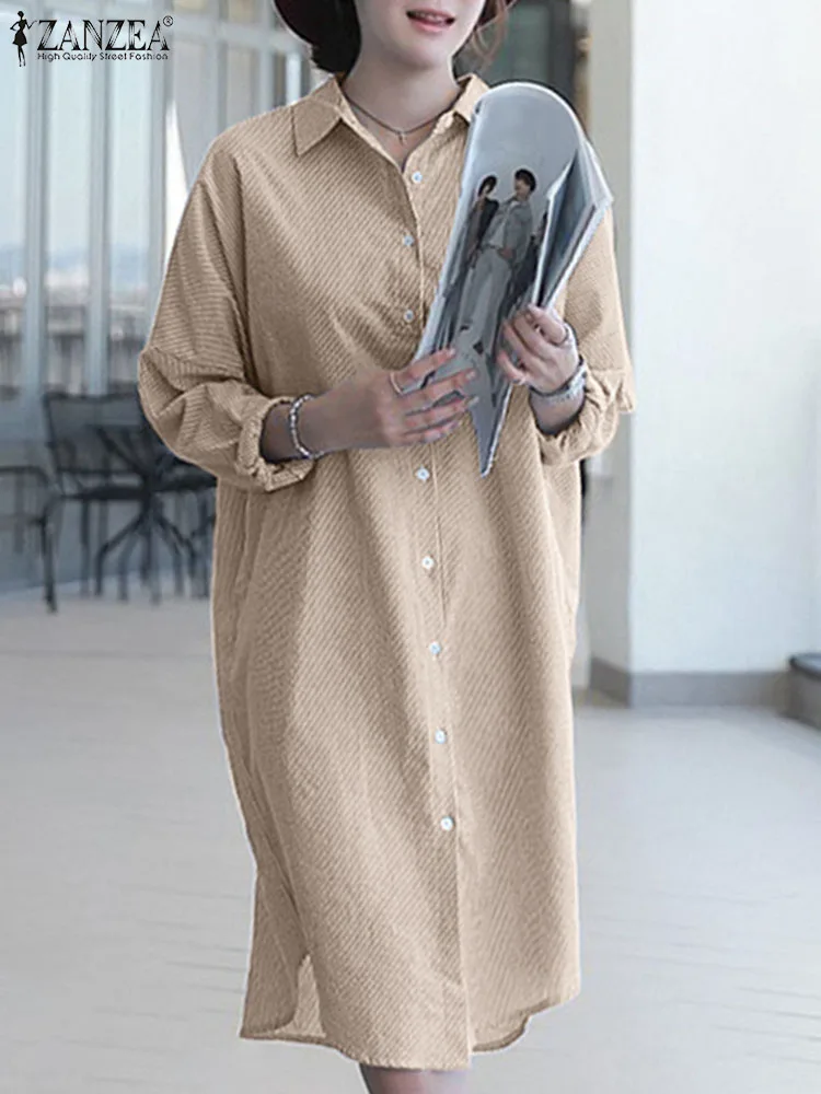 

Платье ZANZEA женское в богемную полоску с принтом, повседневный элегантный сарафан с отложным воротником и длинным рукавом, офисная одежда, весна