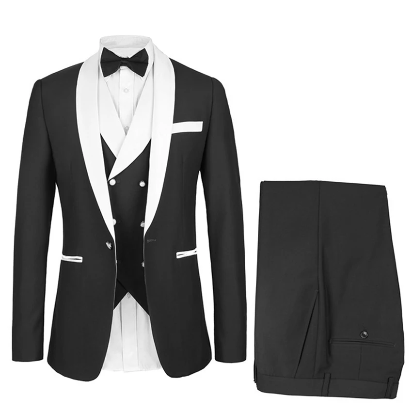 

Black Groom Tuxedos Double Breasted Vest for Dinner Suit Shawl Lapel Groomsman Suit Classic style Wedding Suit