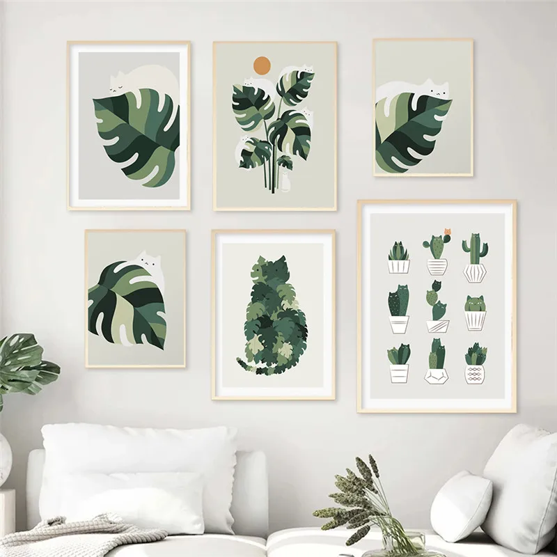 

Cat with Green Plant Canvas Painting Botanical Wall Art Animal Poster and Print Bedroom Decoration Home Decor Picture Decorative