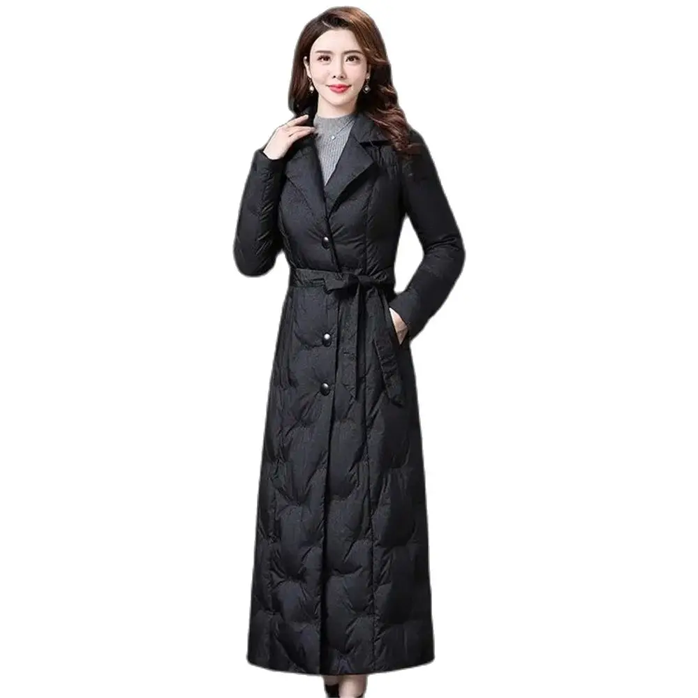 New Winter Women‘s Long Down Cotton Coats High Quality Big Fur Collar Overcoats Trendy Slim Lady Parkas Belt Glossy
