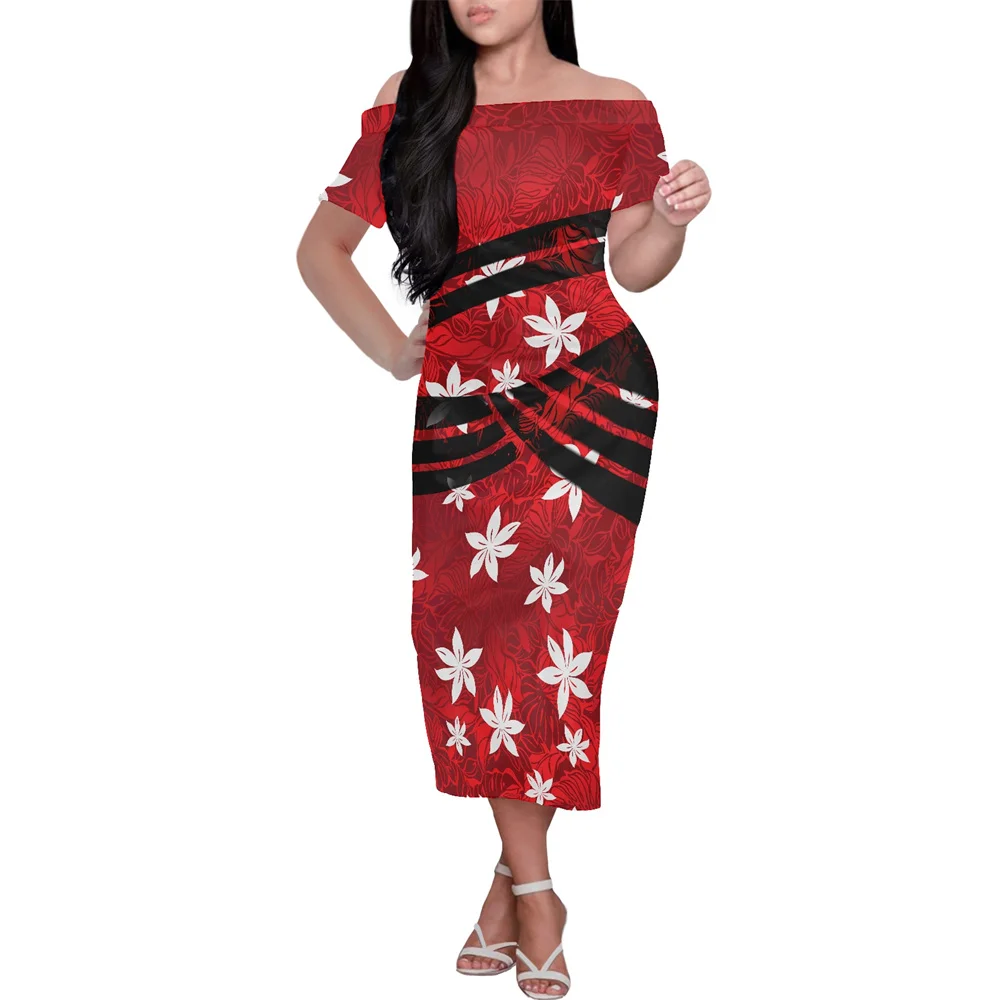 

Lady Casual Dress Polynesian Tribal Hawaii Red Tiare Flower Print Custom Evening Dresses 2022 Short Sleeve Bodycon Dress