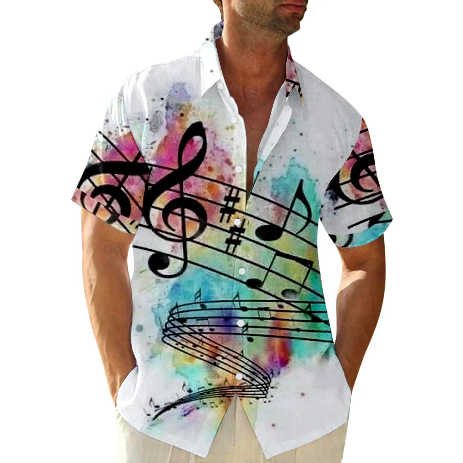 

Music Prints Shirts Deep V-Neck Shirt Lapel Collar Men's Shirts Short Sleeve Beachwear Camisas Hombre Button Cool Beach Blusas