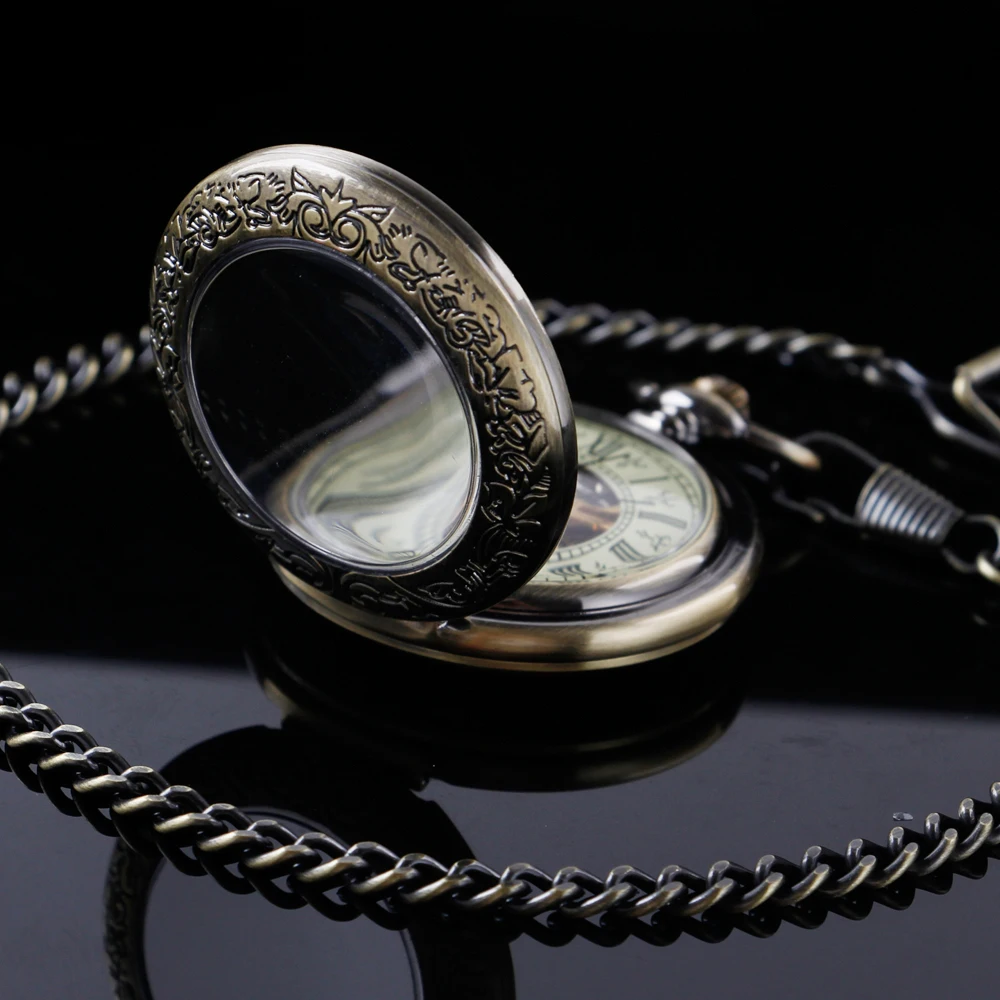 New Transparent Cover Pattern Mechanical Manual Pocket Watch Gold Roman Digital Skull Dial Pendant Automatic Antique Clock