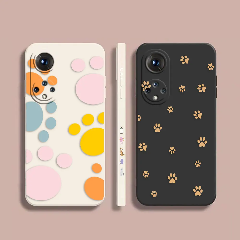 

Case For Honor 8X 9 10 20 30 30S 50 50 60 60 70 80 80 GT SE 5G PRO PLUS Colour Simple Liquid Silicone Case Cute Cat Footprints