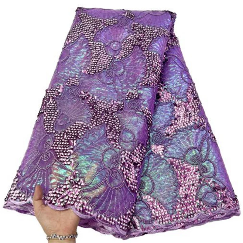 

Фиолетовая новейшая африканская кружевная ткань из органзы 2022 высококачественные кружевные блестки французская нигерийская кружевная ткань для свадебного платья