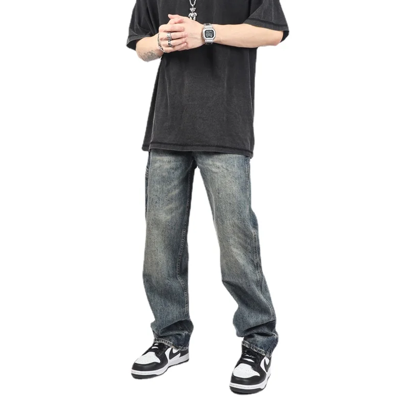 High Street Retro Dark Blue Straight Loose Streetwear Mens Jeans Casual Denim Wide Leg Pants Baggy Full Length Trousers