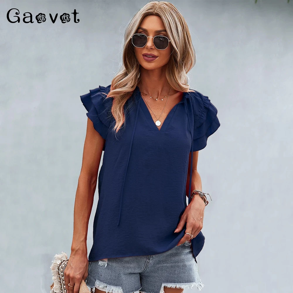 

Женский топ с V-образным вырезом GAOVOT, с рукавами в виде листьев лотоса, однотонный пляжный Повседневный Топ для отдыха, для лета, 2022