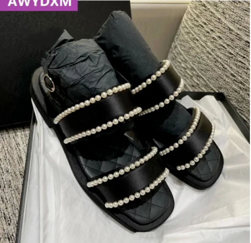 

Сандалии женские на плоской подошве, дизайнерские шлепанцы с бусинами, сланцы, с открытым носком, модные тапочки, лето 2022