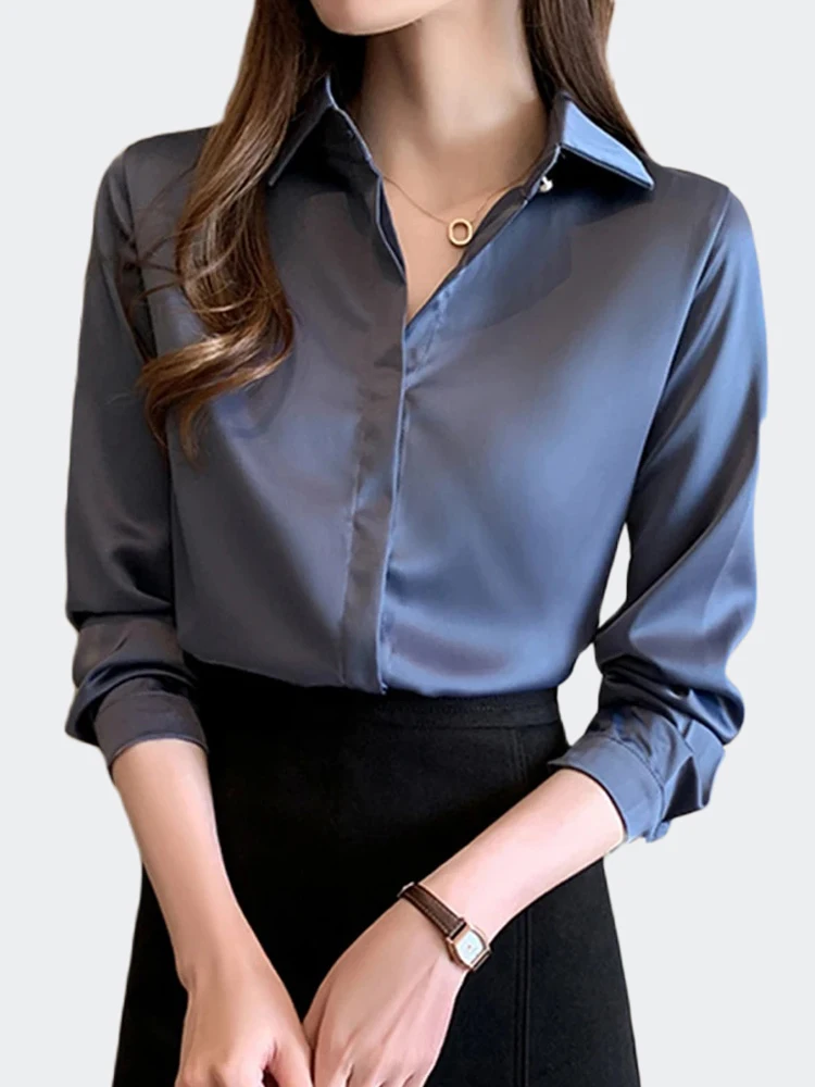 Блузка Женская атласная с длинным рукавом модная Однотонная рубашка в винтажном
