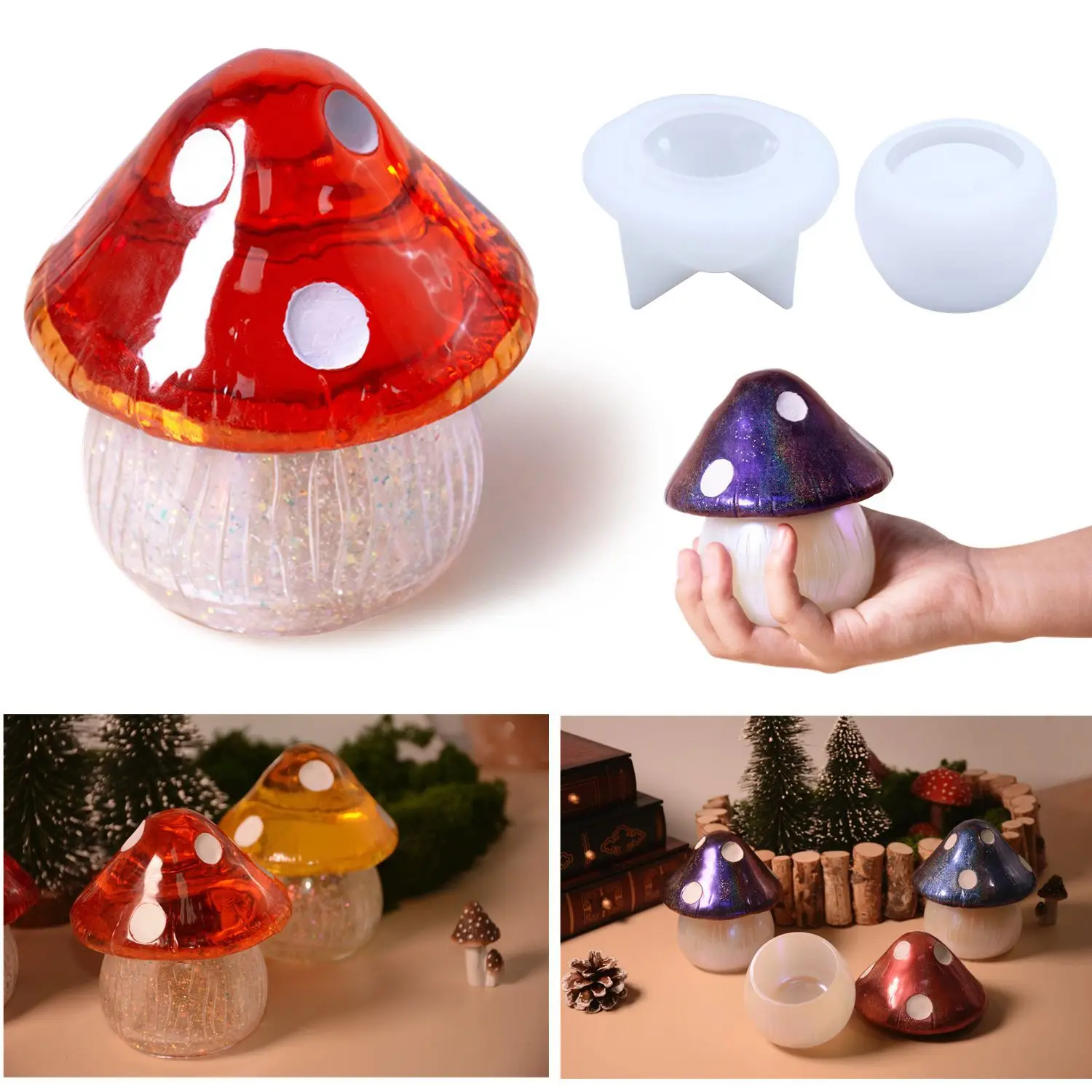 DIY Epoxy Resin Mold Mushroom Storage Box Decorative Jewelry Box Mirror Silicone Mold Mushroom Ornament Silicone Mold