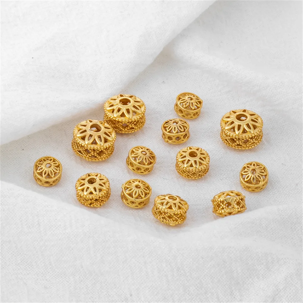 

1pcs 18k bag gold dumb gold hollowed out pattern vintage style drum beads bucket beads 8*10mm lace diy accessories loose beads