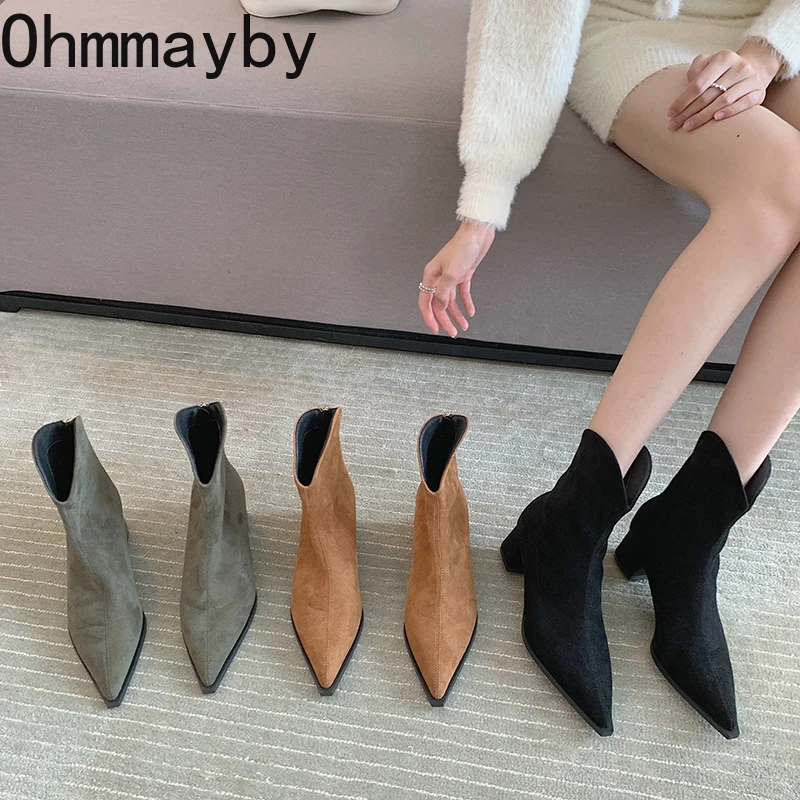 

Fashion Suede Women Ankle Boots Low Square Heels Pointed Toe Pumps Shoes Zip 2022 Autumn Winter Chelsea Short Bootties