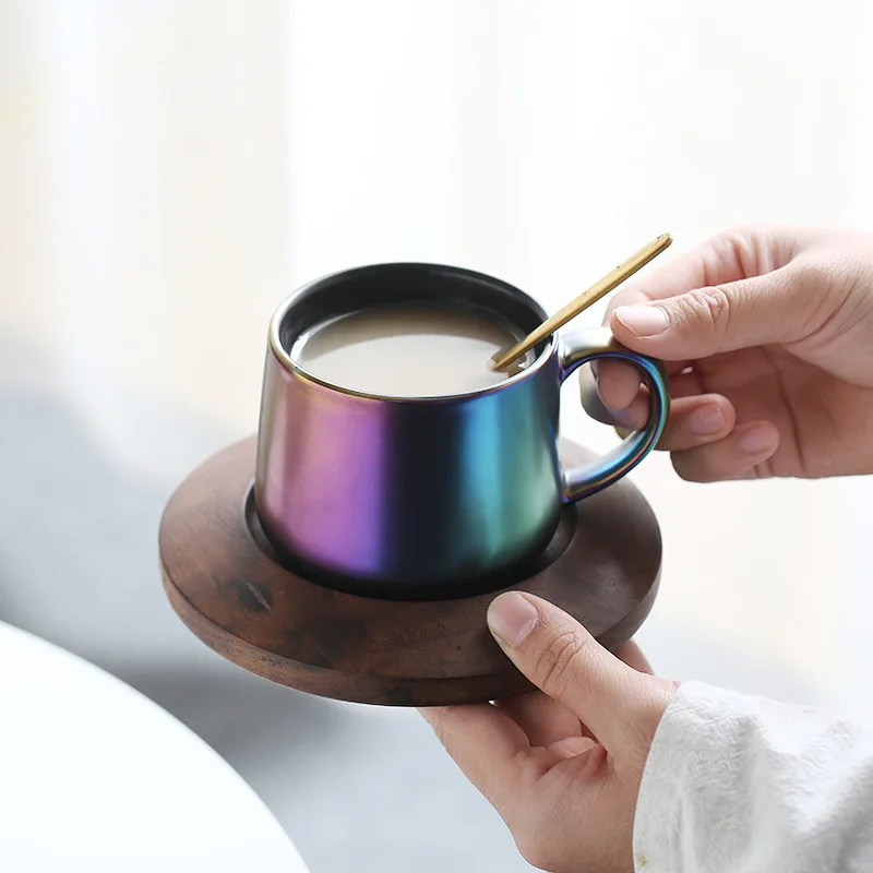 

Creative ceramic coffee cup with high beauty walnut plate vintage afternoon tea set simple matte kiln tea cup