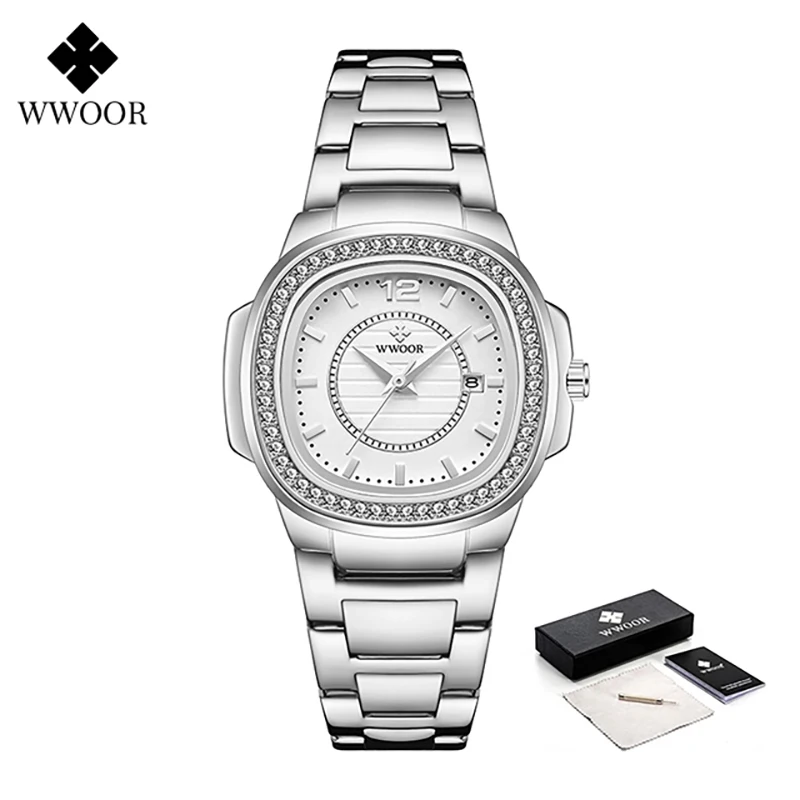 WWOOR Luxury Women White Watch Fashion Ladies Quartz Wristwatch Calendar ​Diamonds Female Clock Bracelet Watch New Elegant Reloj