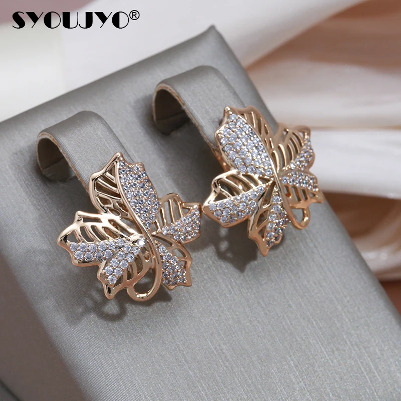 SYOUJYO Luxury Cutout Maple Leaf English Earrings 585 Rose Gold Color Fine Jewelry Trendy Natural Zircon Full Paved Earrings New