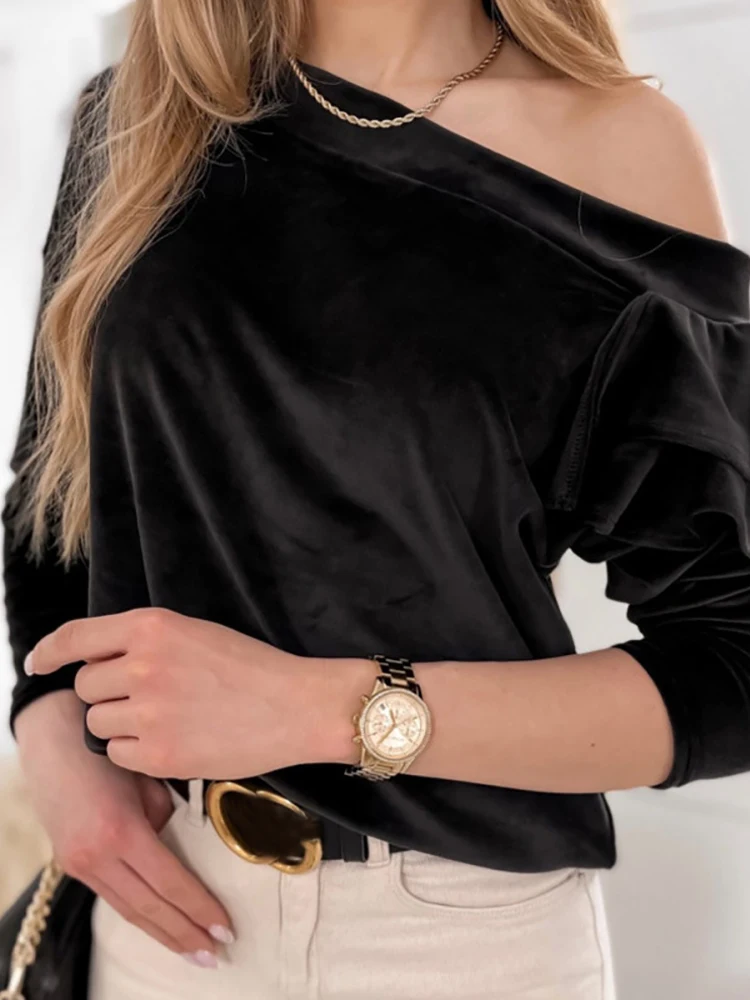 

Повседневные рубашки с длинным рукавом, весна-осень, Женский пуловер с оборками и косым воротником, блузки, домашняя одежда, прямые простые толстовки, блузы