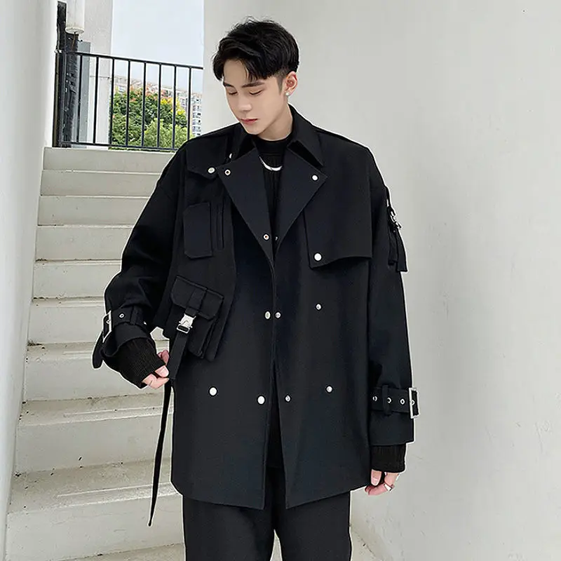 Male Spring Double Breasted Belt Streetwear Handsome Cargo Trench Coat Turn-down Collar Outerwear Design Jacket Overcoat Q19