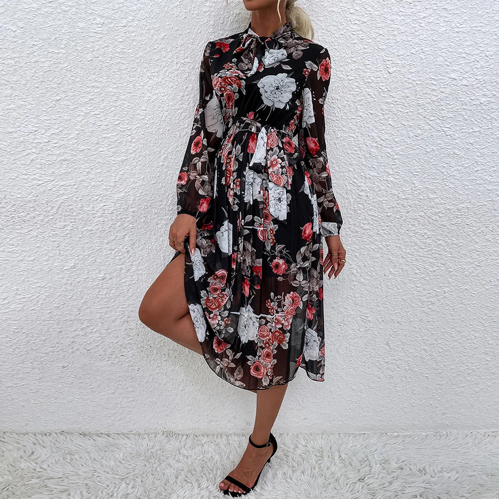 

2022 European and American Autumn New Women's Commuter Tie Neckline Printed Flared Sleeve Lace-up Dress
