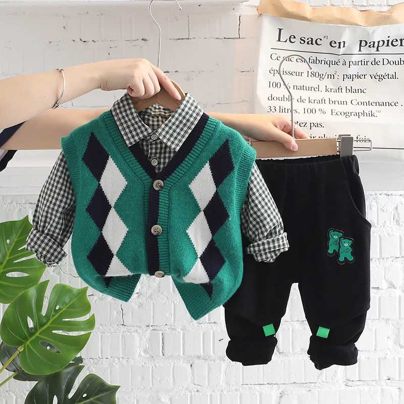 

Kids Clothing Set for Boys Outfits 2022 Autumn Infant Knitted Vest Stripe Shirt Pants 3 Pcs Suit Children Clothes Baby Tracksuit