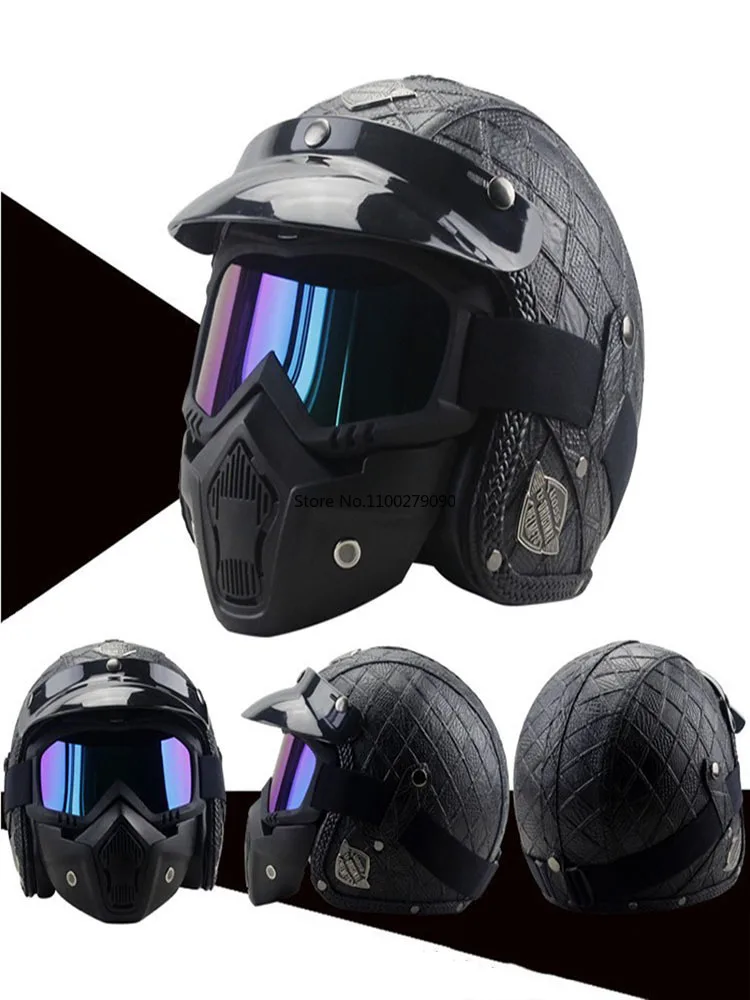 Military Tactical Helmet Full Face Motorcycle Retro German Leather Half Helmet Vintage Handmade Unisex Safety Hat Casco De Moto enlarge