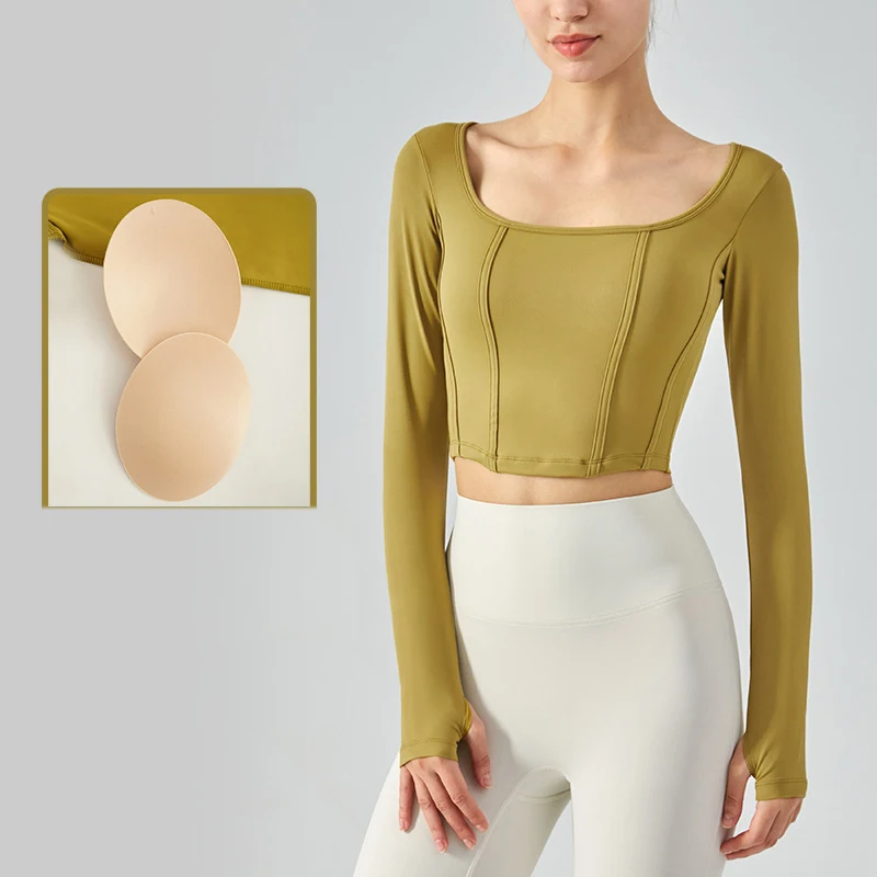 

Женская футболка с логотипом, облегающий топ для йоги, спортивный топ с квадратным вырезом и длинным рукавом