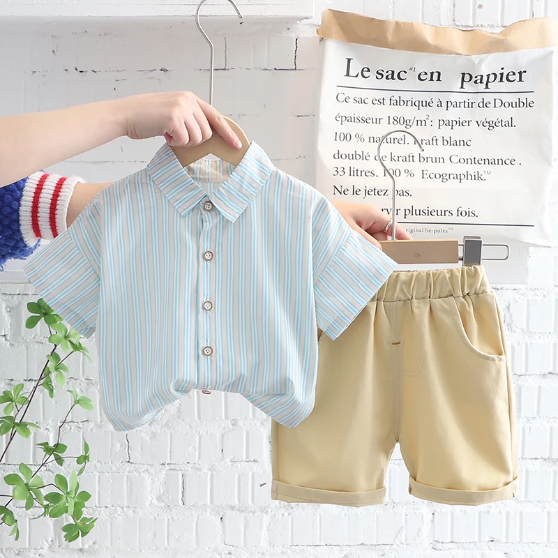 

2 шт./комплект, Детские хлопковые шорты и рубашка в полоску
