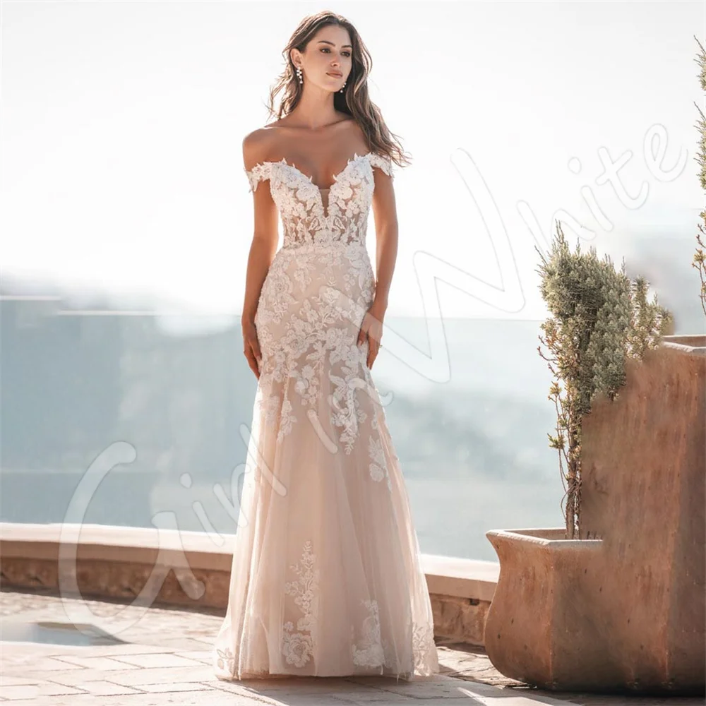 

Sexy Illusion V Neck Mermaid Wedding Dress Luxury Lace Appliques Bridal Gown Off The Shoulder Bride vestidos de novia